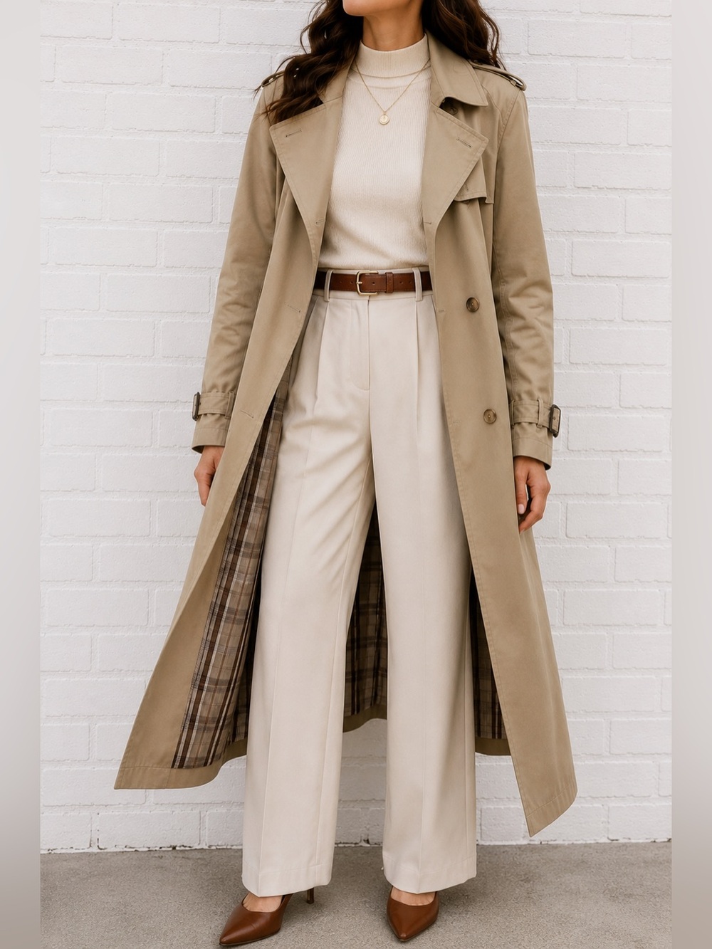 Vintage 80s Tan Cotton Blend Trench Coat Plaid Lined Belted Women 12